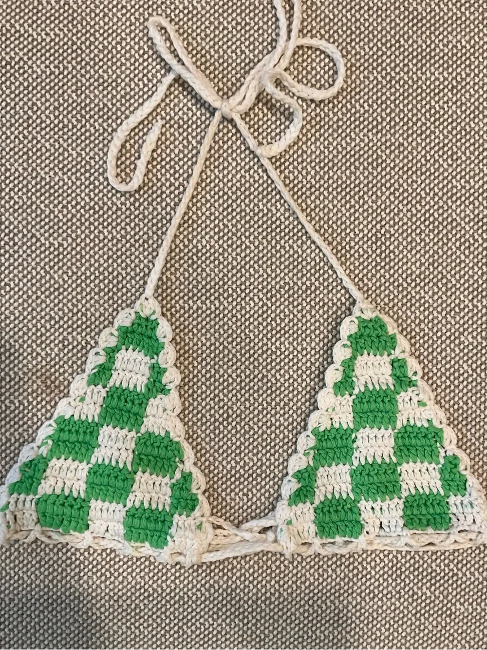 Frankies Bikinis Green & White Checkered Crochet Bikini Set